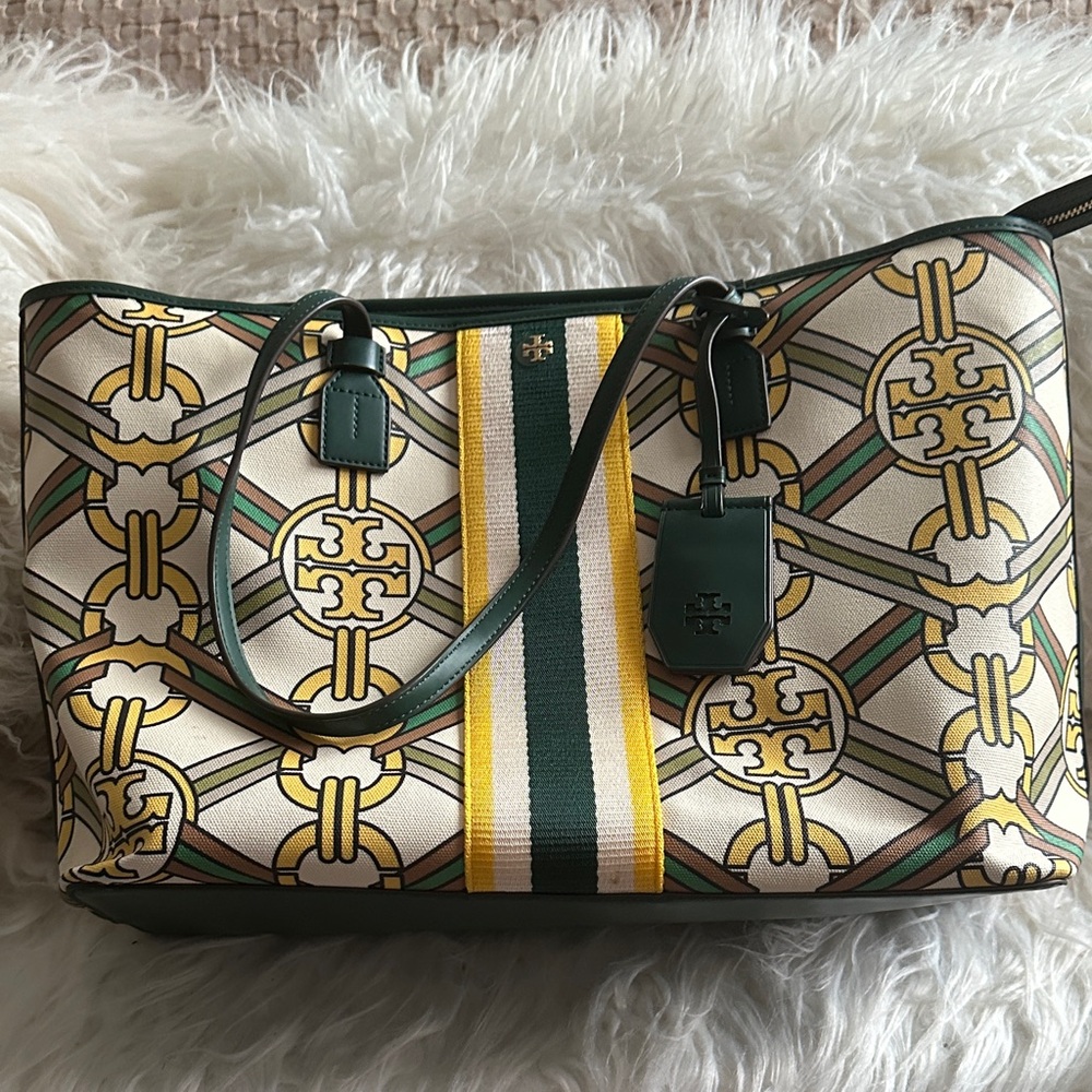 Tory Burch Green and Cream Patterned Tote